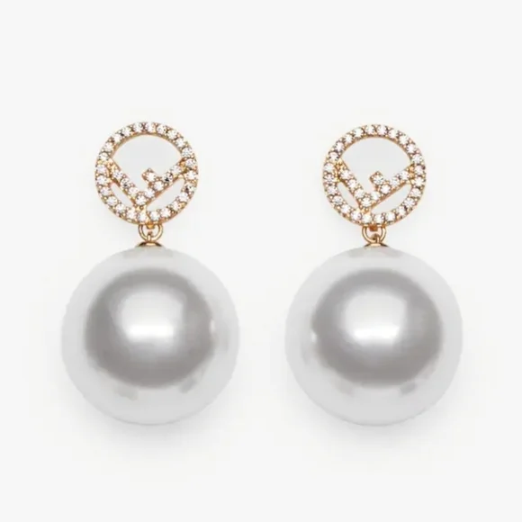 Fendi F is Fendi Crystal Logo Pearl Drop Earrings